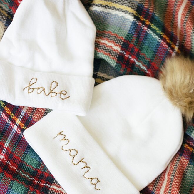 Mama and Babe Embroidered Pom Beanies